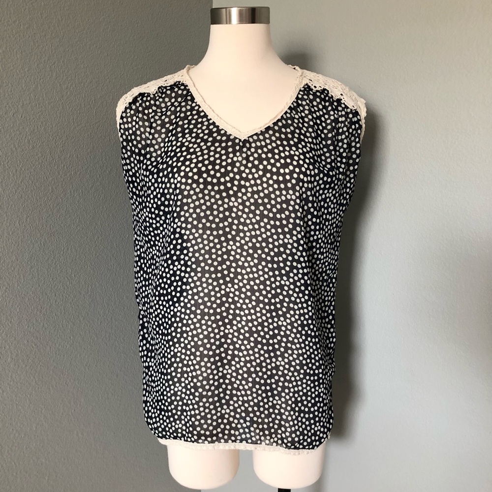 Bisou Busou Navy Polka Dot Crochet Lace Tunic Blouse Top